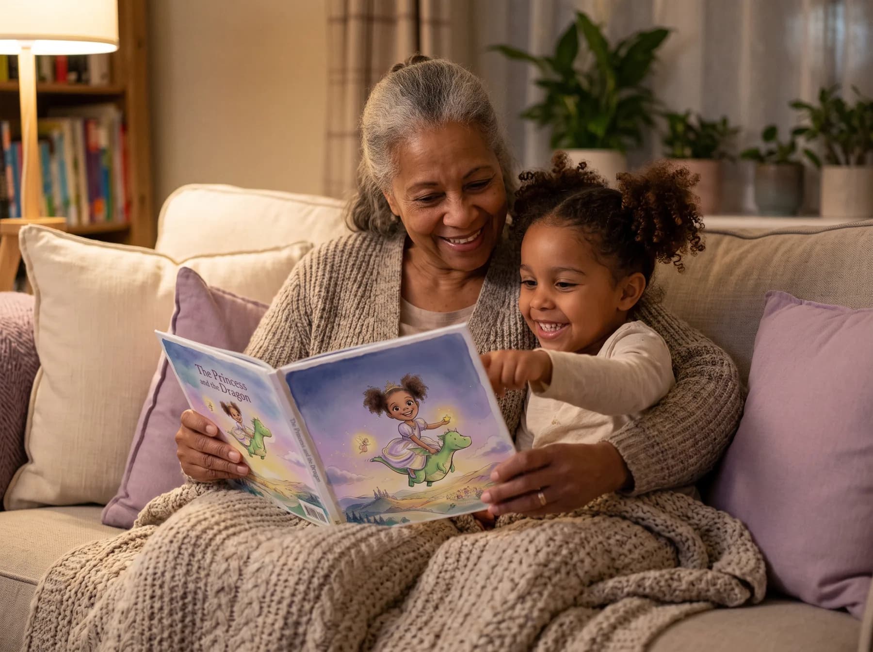 A grandmother reading the book with her granddaughter