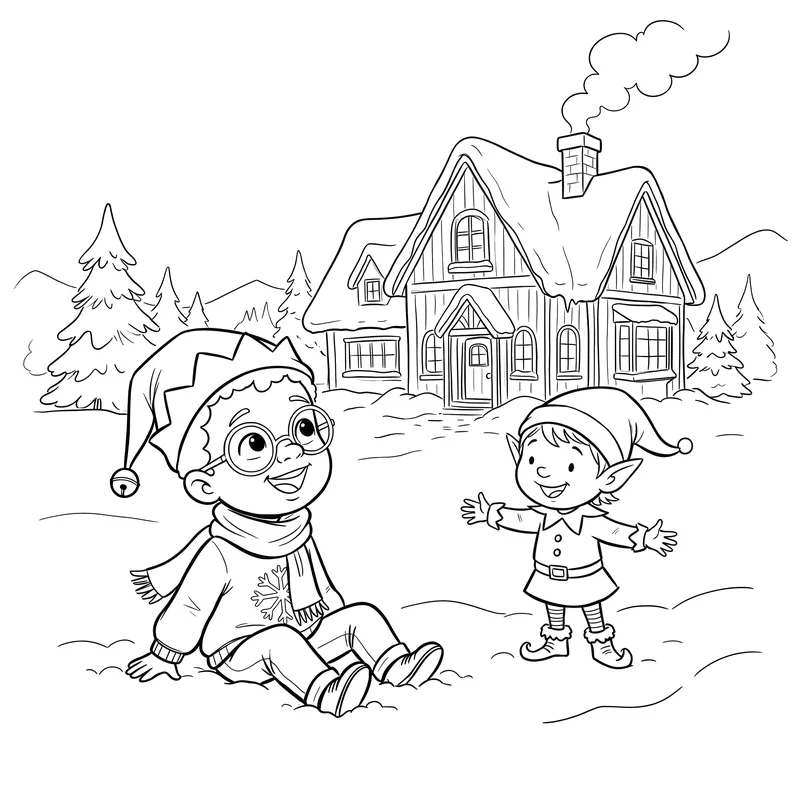 The Christmas Workshop: colouring page 1, black outlines to print and colour in
