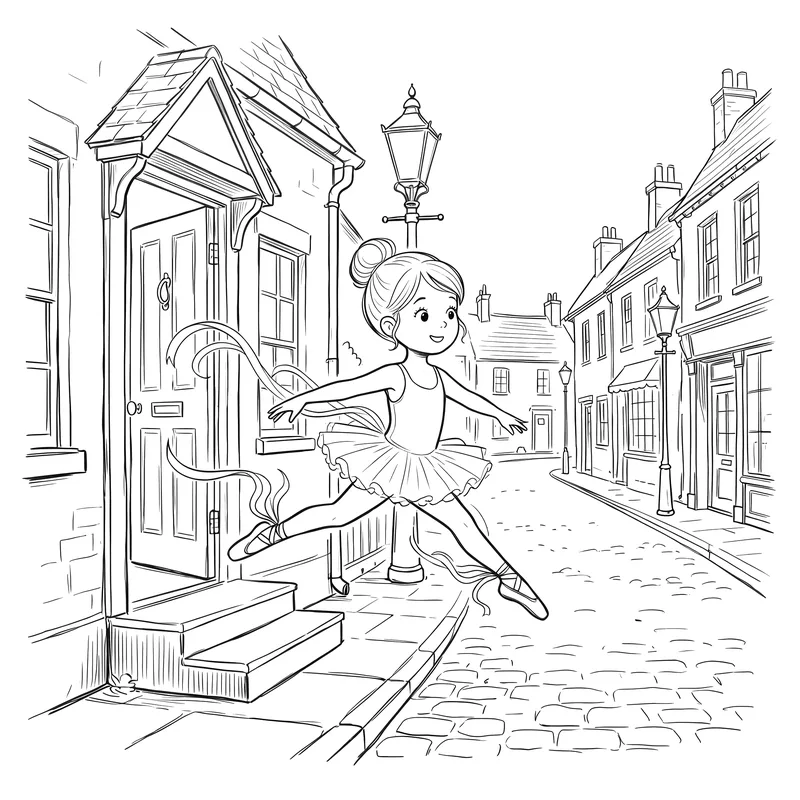 The Shoes That Wouldn't Stop Dancing: colouring page 1, black outlines to print and colour in