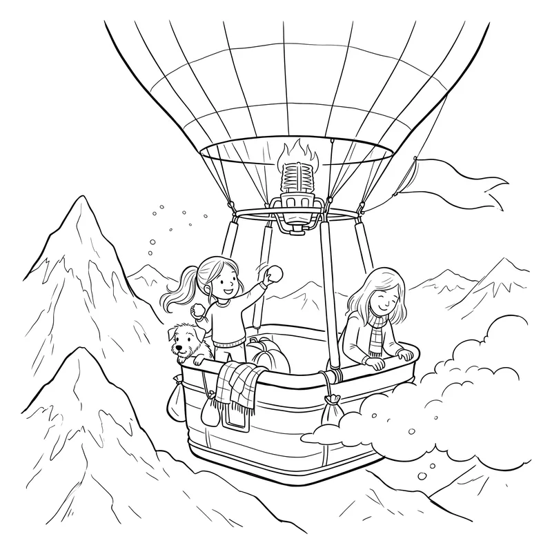 The Big Balloon Adventure: colouring page 1, black outlines to print and colour in