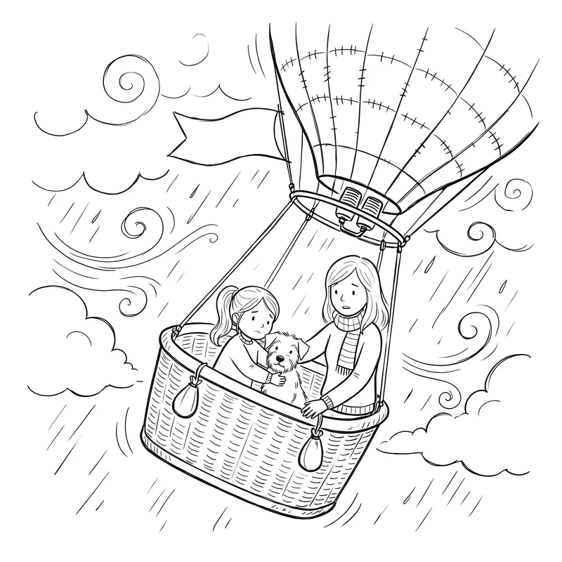 The Big Balloon Adventure: colouring page 2, black outlines to print and colour in