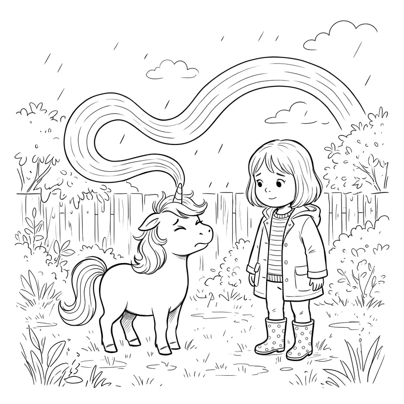 The Unicorn Who Made Grey Rainbows: colouring page 1, black outlines to print and colour in