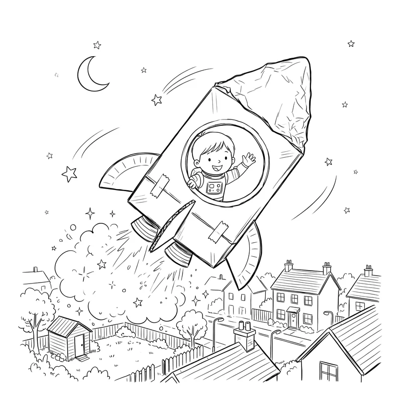 The Moon Robot: colouring page 1, black outlines to print and colour in