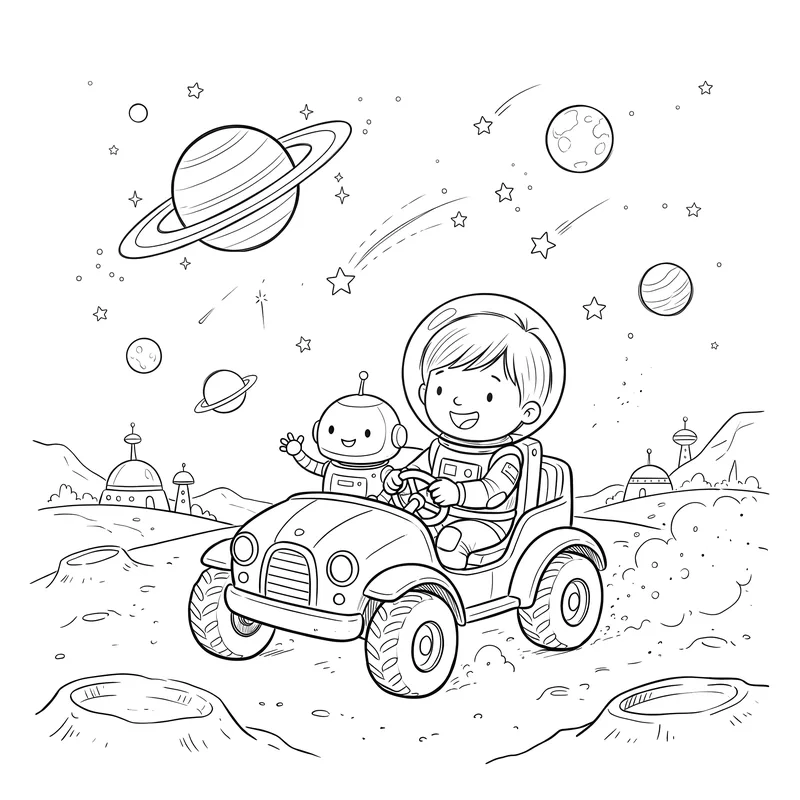 The Moon Robot: colouring page 2, black outlines to print and colour in