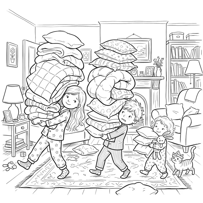 The Great Pillow Fort Expedition: colouring page 1, black outlines to print and colour in
