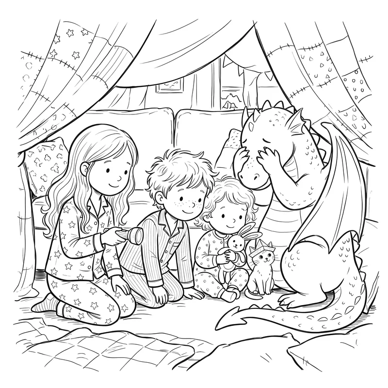 The Great Pillow Fort Expedition: colouring page 2, black outlines to print and colour in