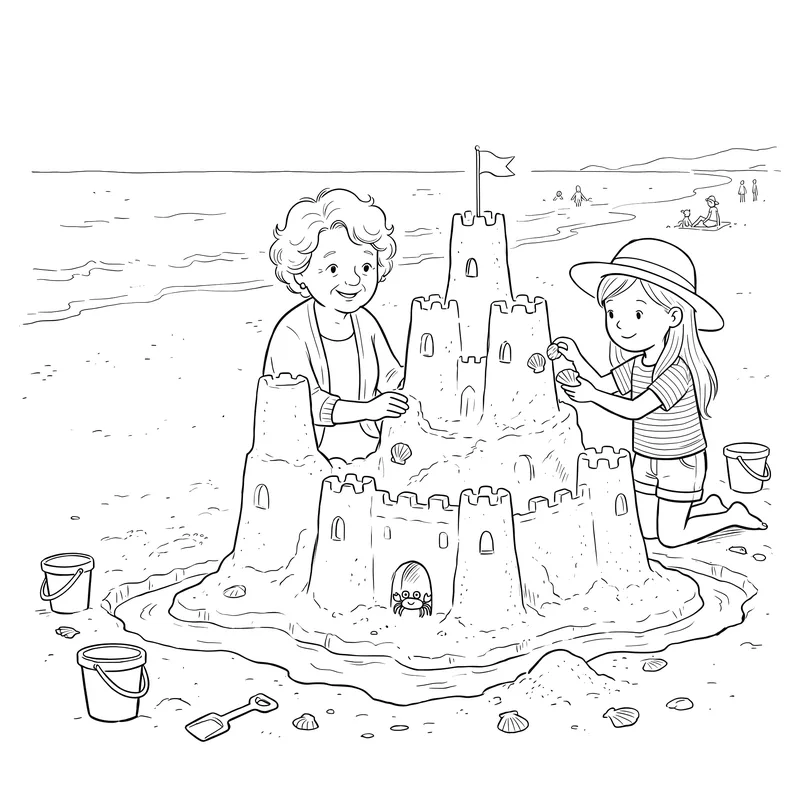 A Seaside Day with Nana and Grandad: colouring page 1, black outlines to print and colour in