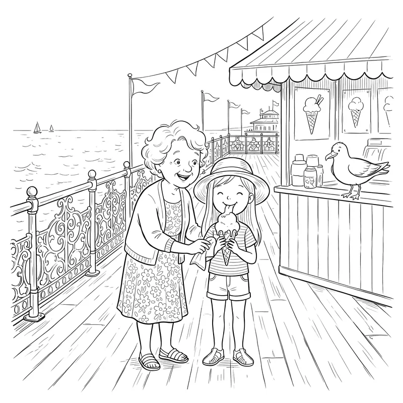 A Seaside Day with Nana and Grandad: colouring page 2, black outlines to print and colour in
