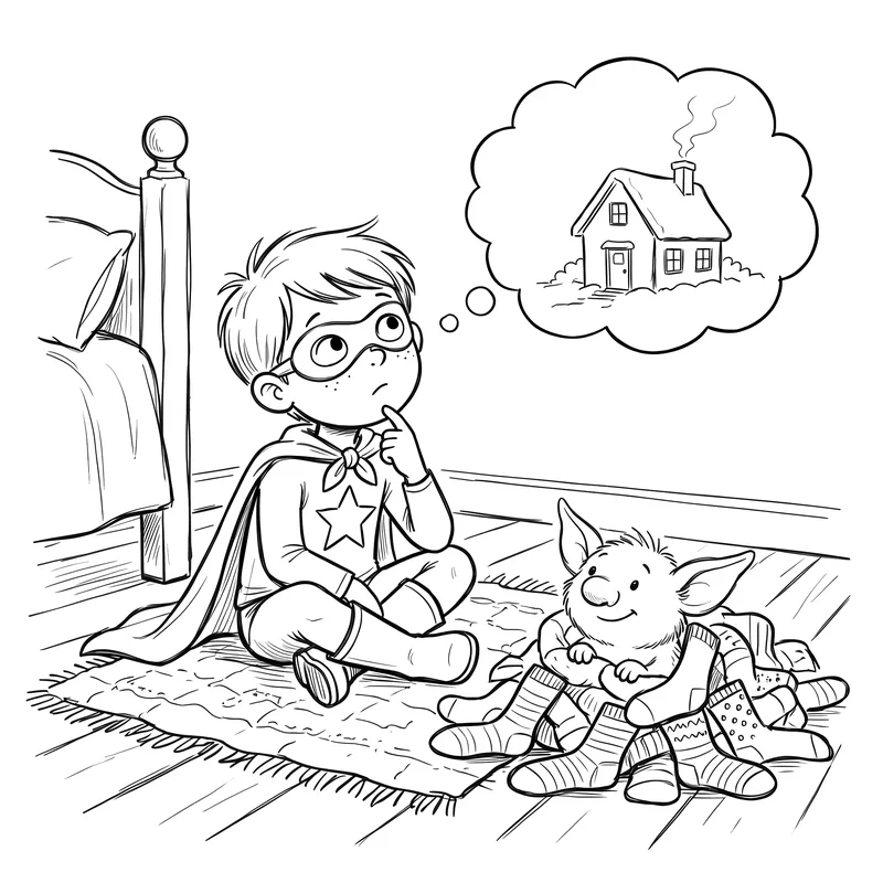 The Great Sock Mystery: colouring page 2, black outlines to print and colour in