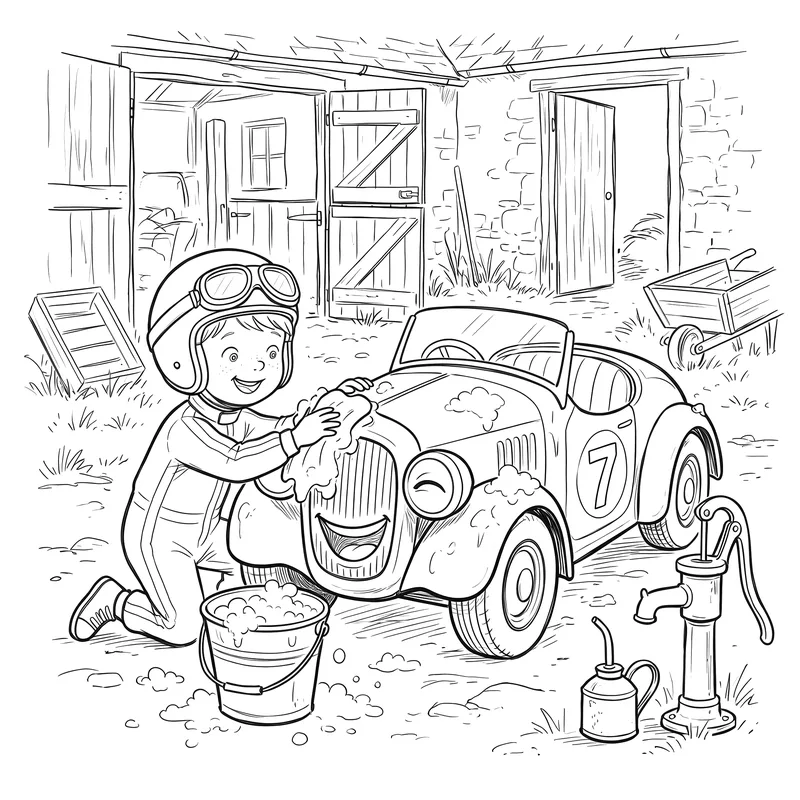 Sprocket the Little Racing Car: colouring page 1, black outlines to print and colour in