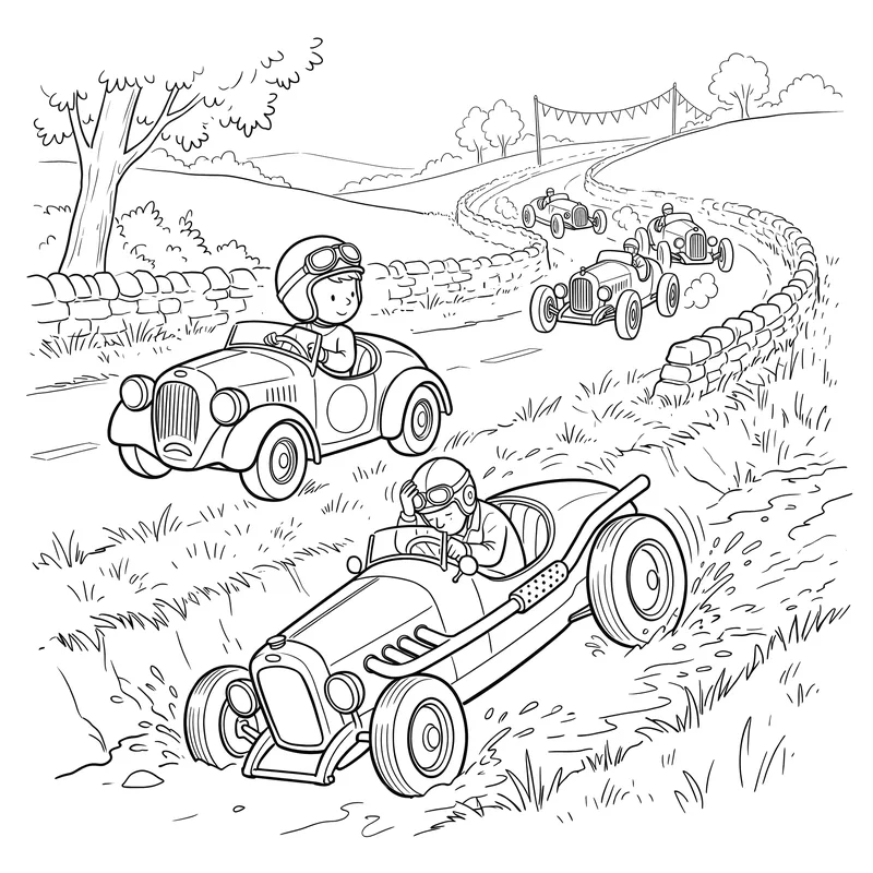 Sprocket the Little Racing Car: colouring page 2, black outlines to print and colour in