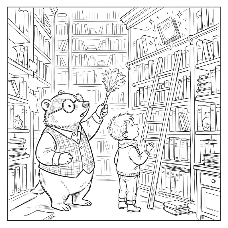 The Library of Unfinished Things: colouring page 1, black outlines to print and colour in