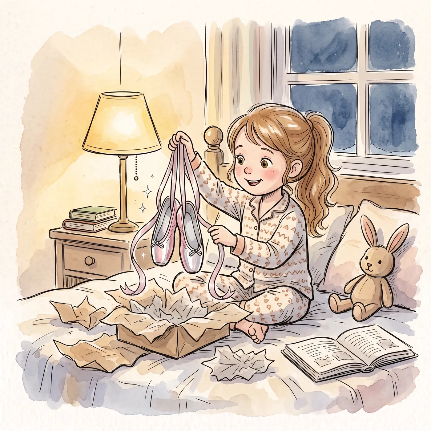 A girl opening a parcel to find sparkling ballet shoes