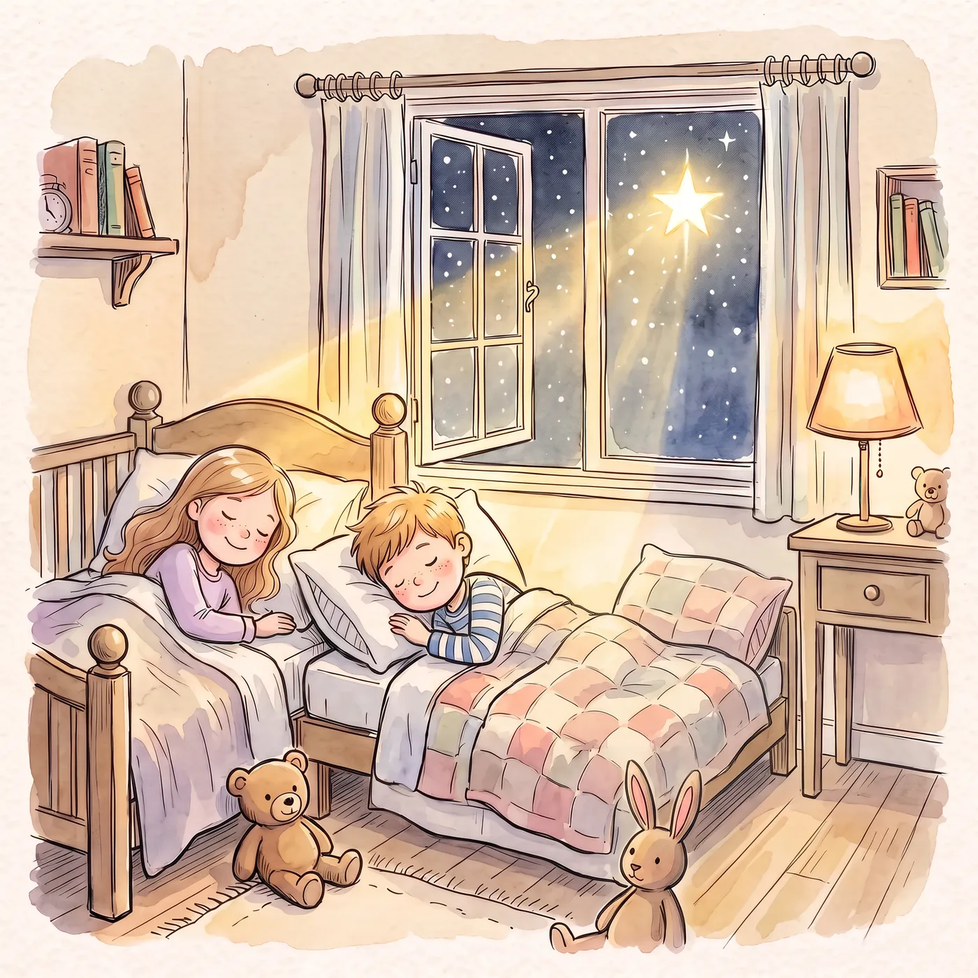 Children asleep in bed while one bright star shines through the window