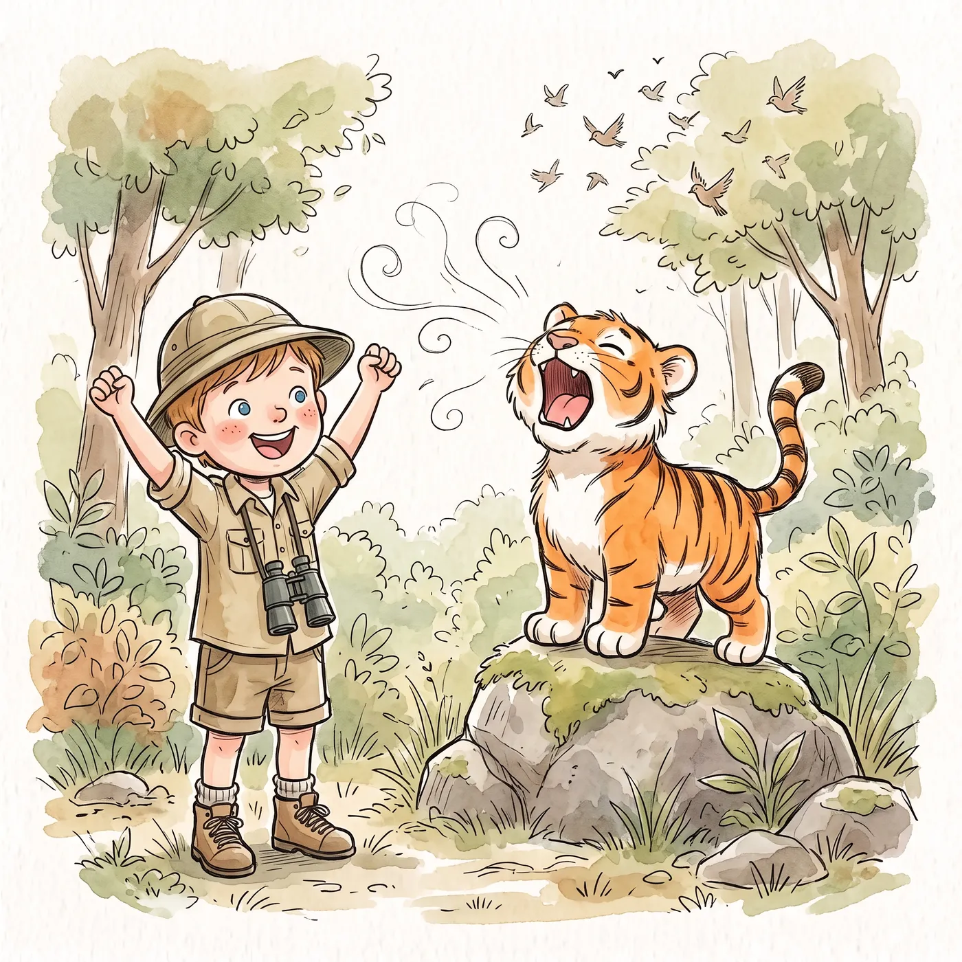 A boy in an explorer hat cheering as a tiger cub roars on a rock