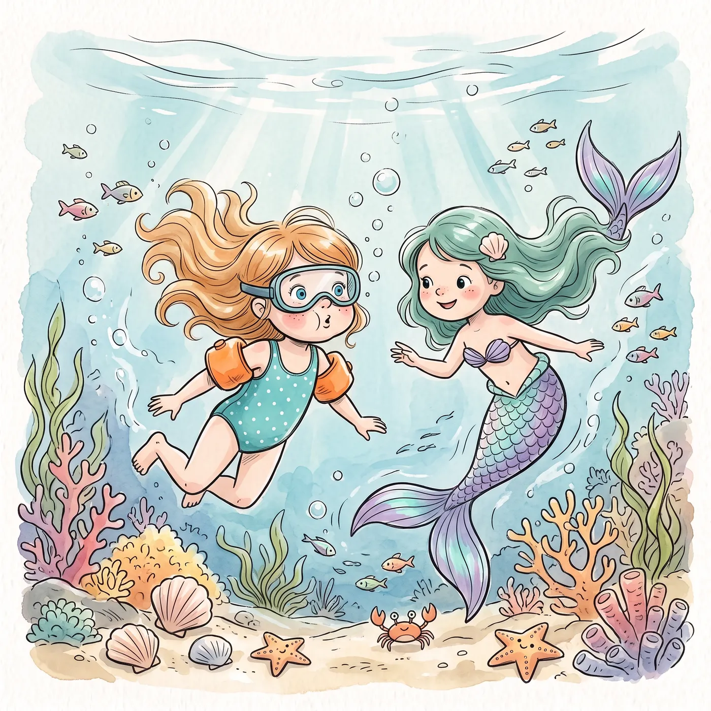 A girl in goggles and a little mermaid looking at shells under the sea