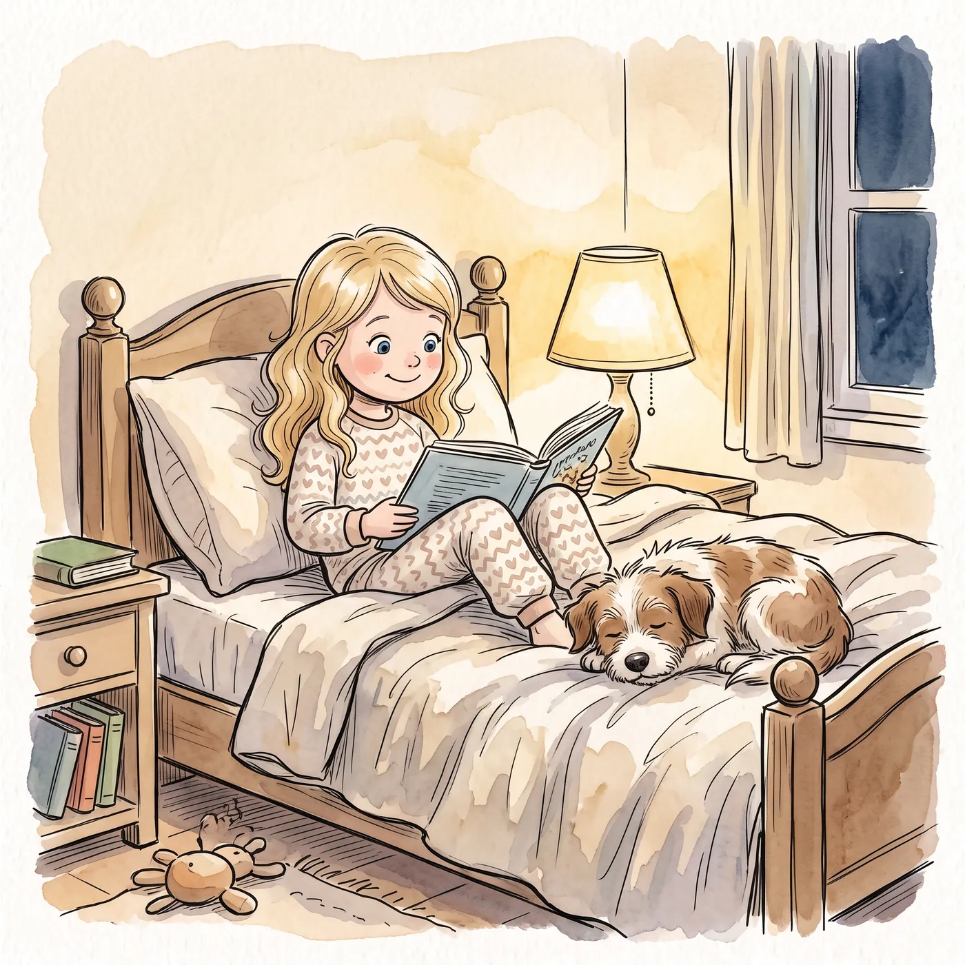 A girl reading a picture book in bed with her dog curled up beside her