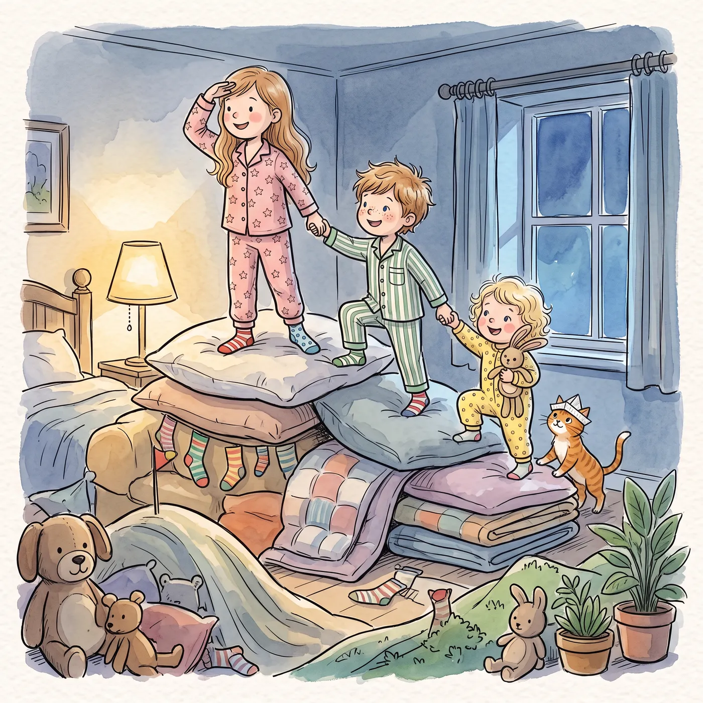Three children in pyjamas climbing a mountain of pillows together