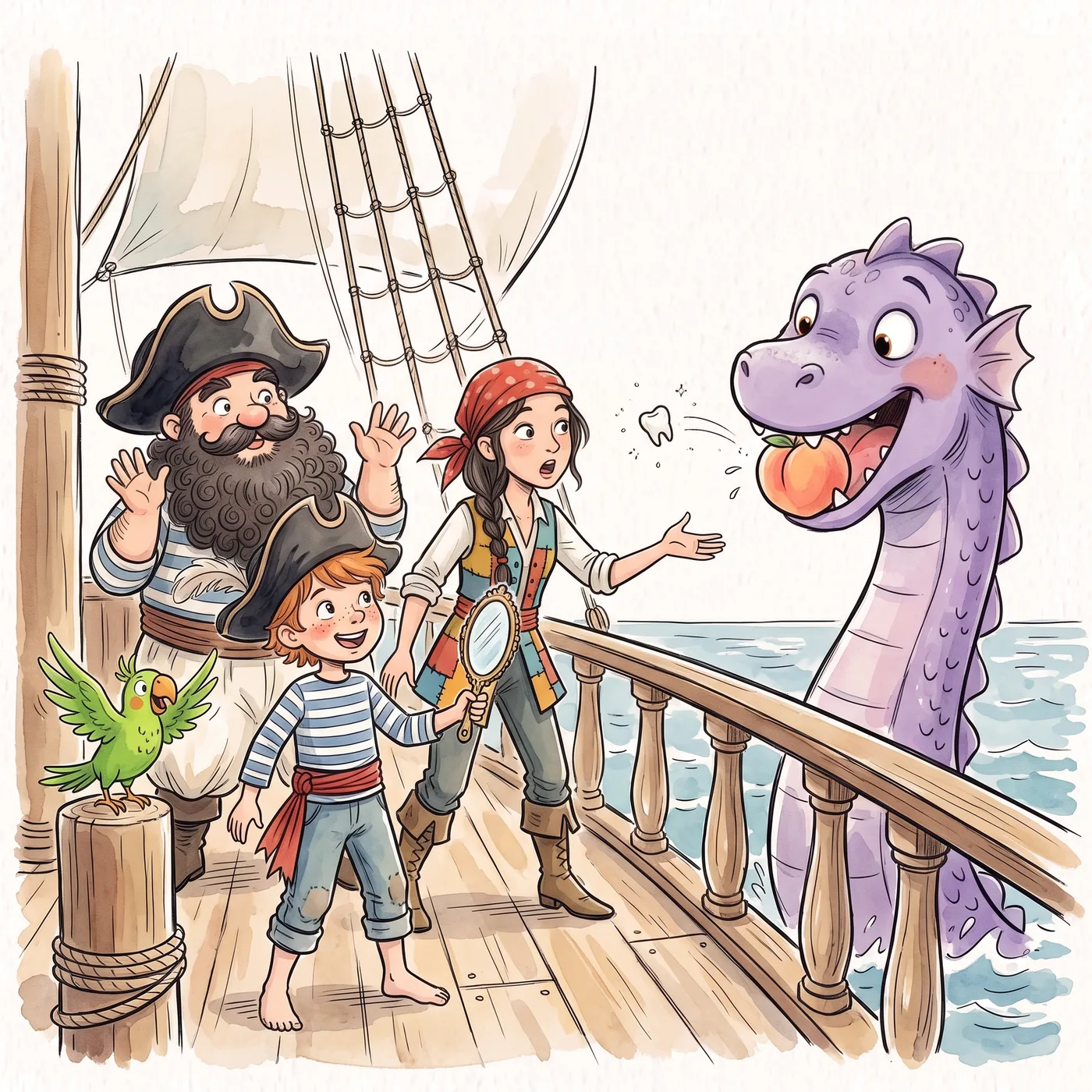 A boy and a crew of pirates pulling a rope to pull out a sea monster’s tooth