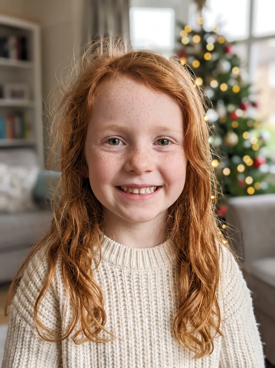 A smiling girl with long red hair and freckles