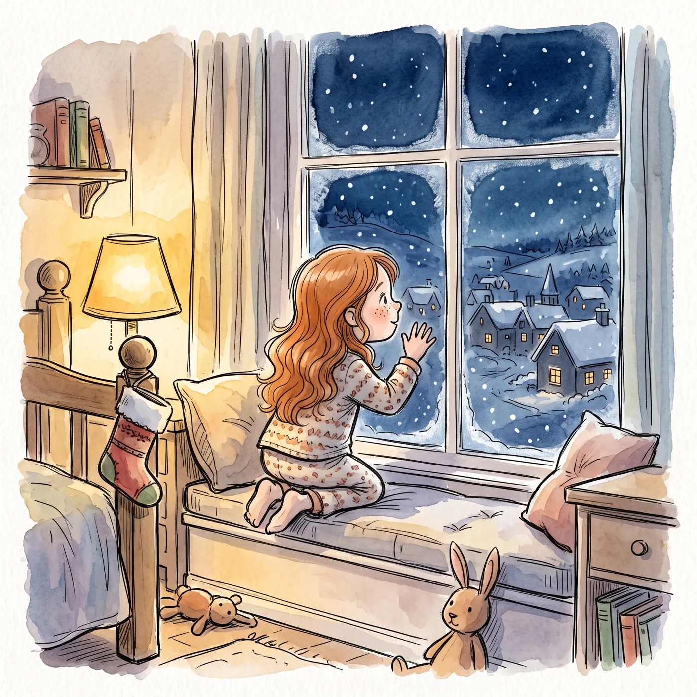 A girl in pyjamas looking out of a frosty window at the snow