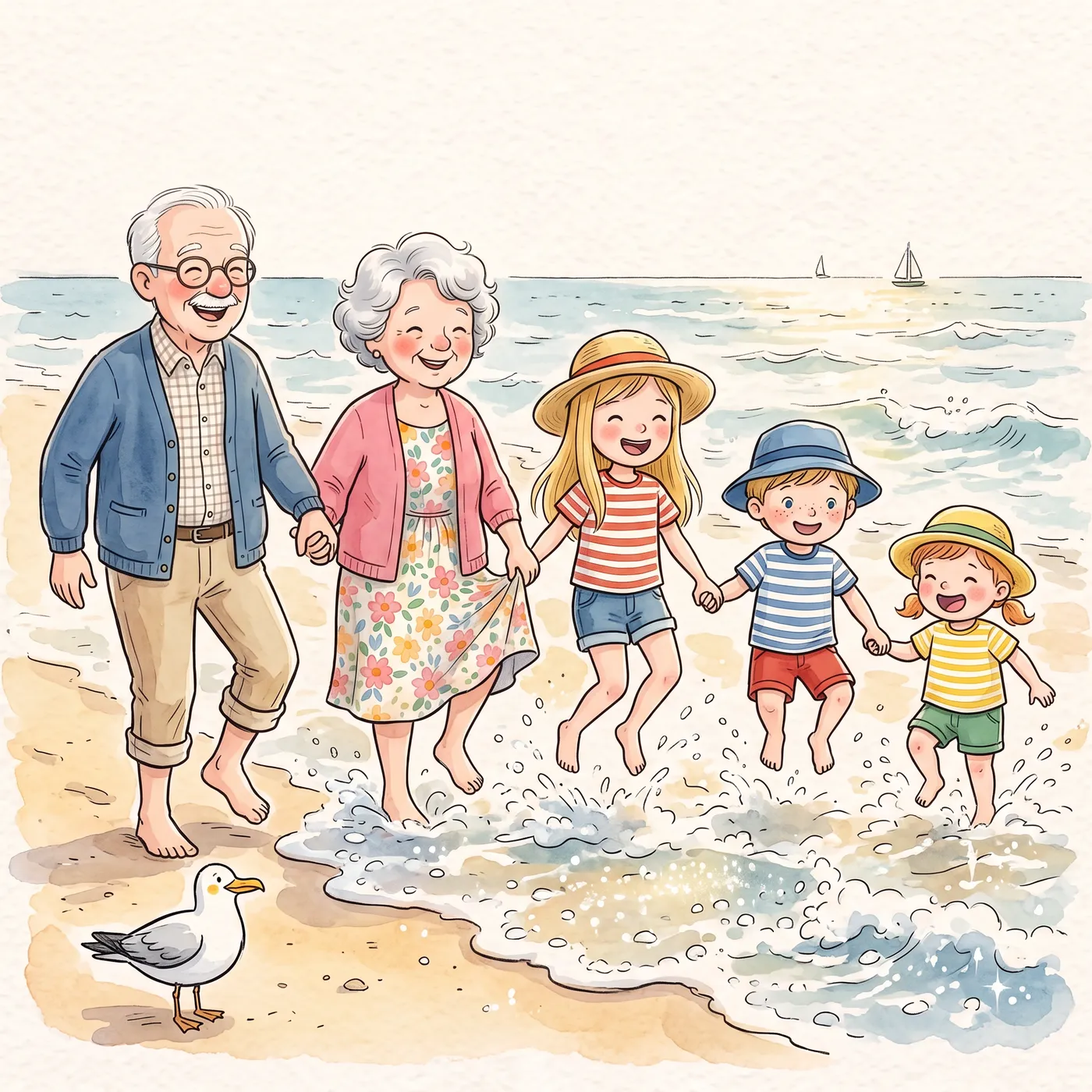 Grandparents and grandchildren jumping waves together at the beach