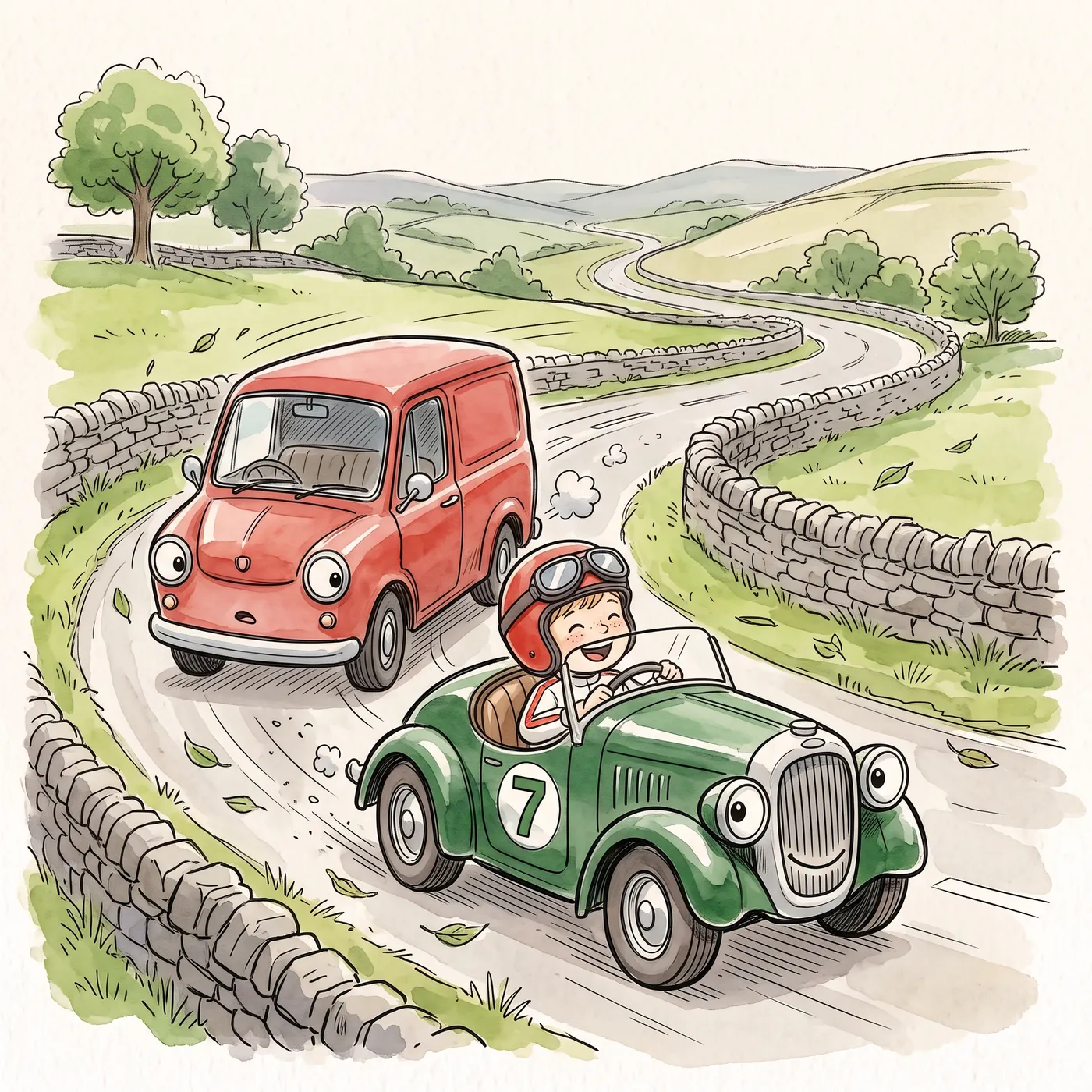 A boy in a red helmet racing a little green car round a bend