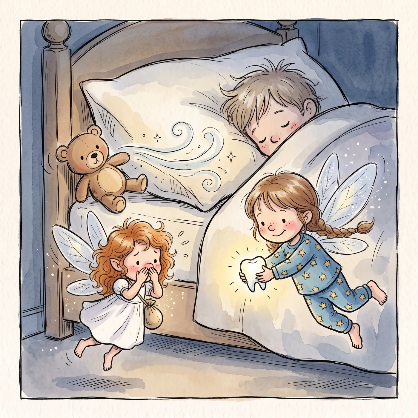 A child and the Tooth Fairy flying over rooftops at night